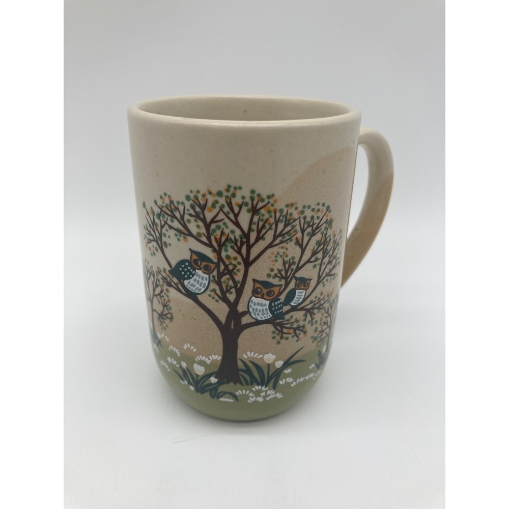 Vintage Otagiri Style Speckled Stoneware Owl Family in Tree Coffee Mug Japan 70s